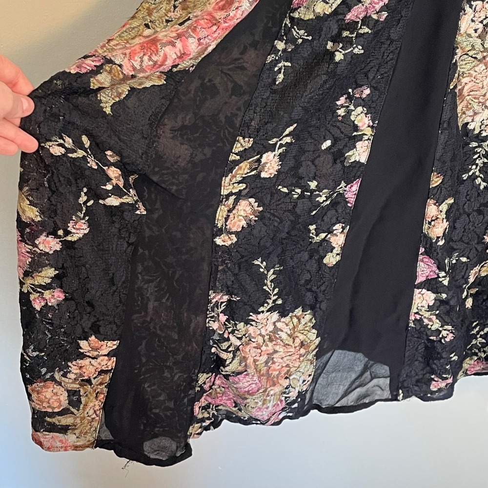 Olivia Black Floral Lace Midi Dress Short Sleeve Tie Back Pink Green Large - Picture 5 of 8